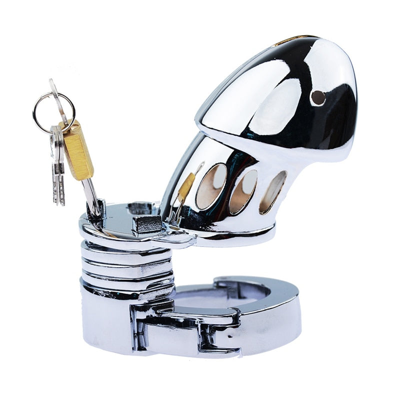 Open chrome-plated metal chastity cage with a domed headpiece, locking ring, and keys
