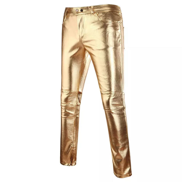 Front view of metallic gold skinny pants with zip fly, pockets, and paneled knees