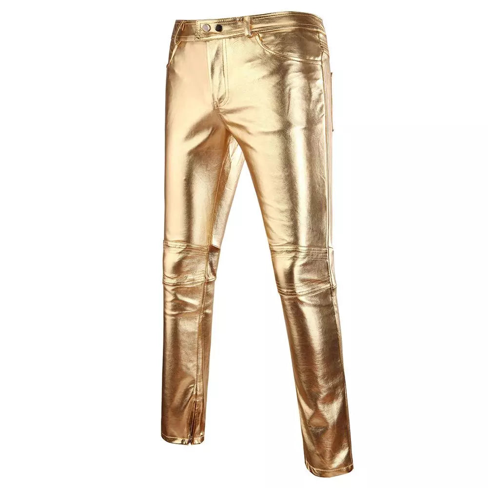 Front view of metallic gold skinny pants with zip fly, pockets, and paneled knees