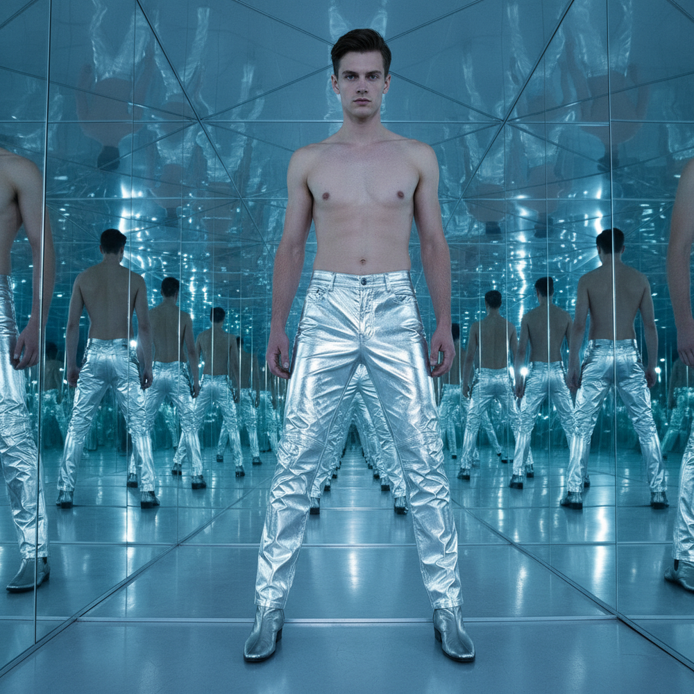 Shirtless model wearing metallic silver textured skinny pants in a mirrored room