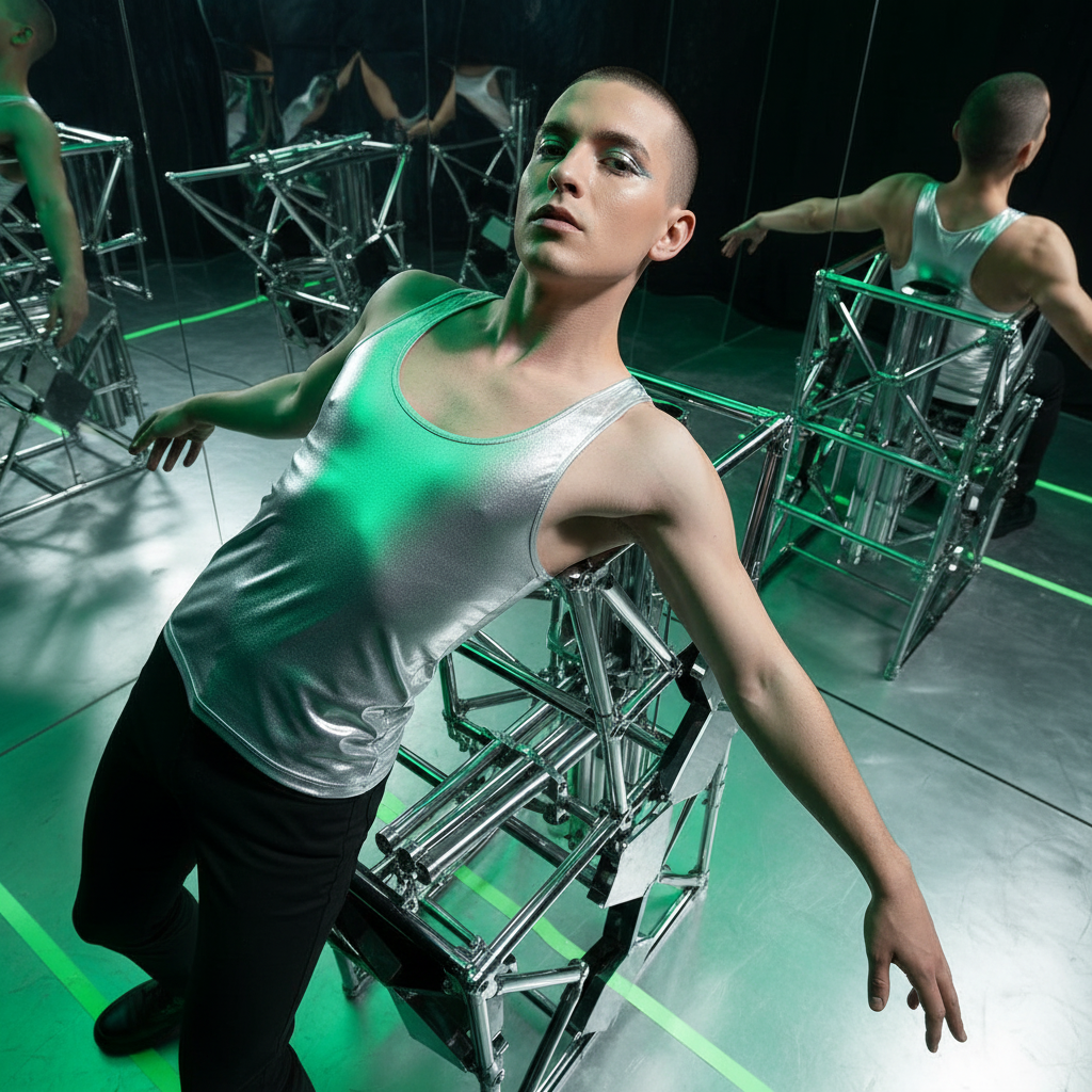 Model wearing a metallic silver racerback tank top in a mirrored room with green lighting