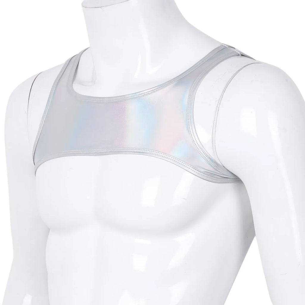 Front close-up of a white mannequin wearing a silver iridescent chest harness