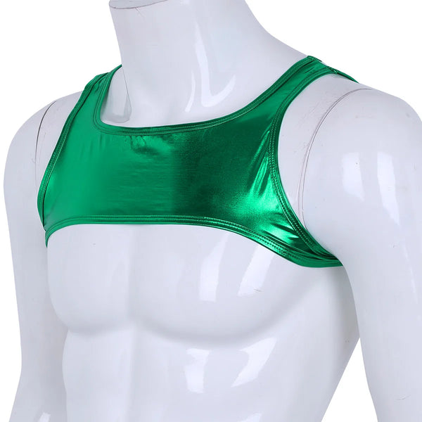 Front close-up of a white mannequin wearing a shiny emerald-green cropped tank harness