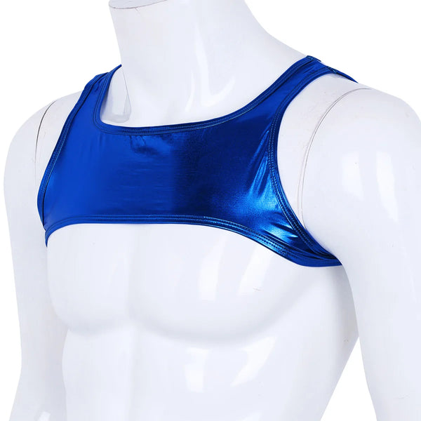 Front close-up of a blue metallic tank-style chest harness on a white mannequin