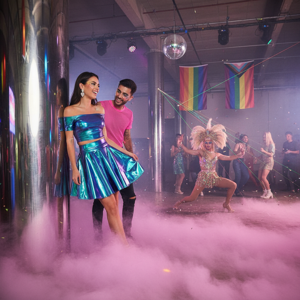 Model in a metallic blue pleated mini skirt at a Pride-themed club event