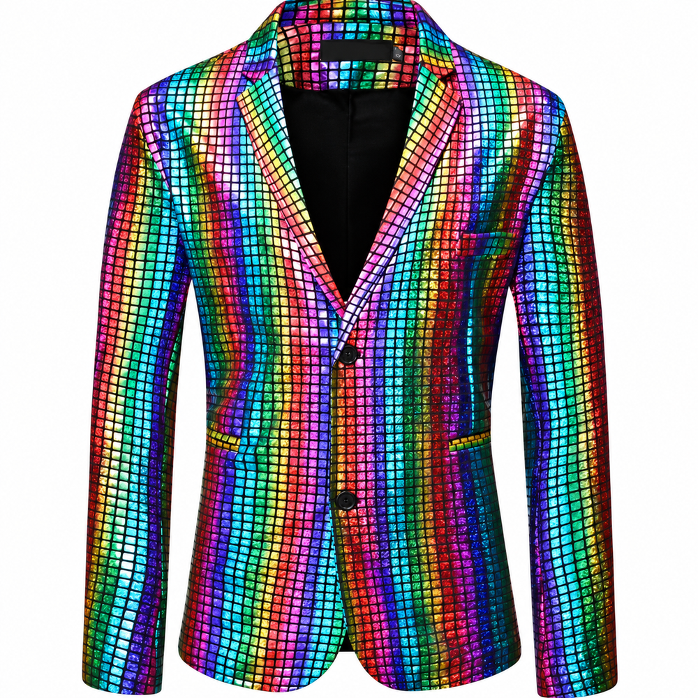 Front view of a rainbow sequin blazer with notched lapels and two buttons
