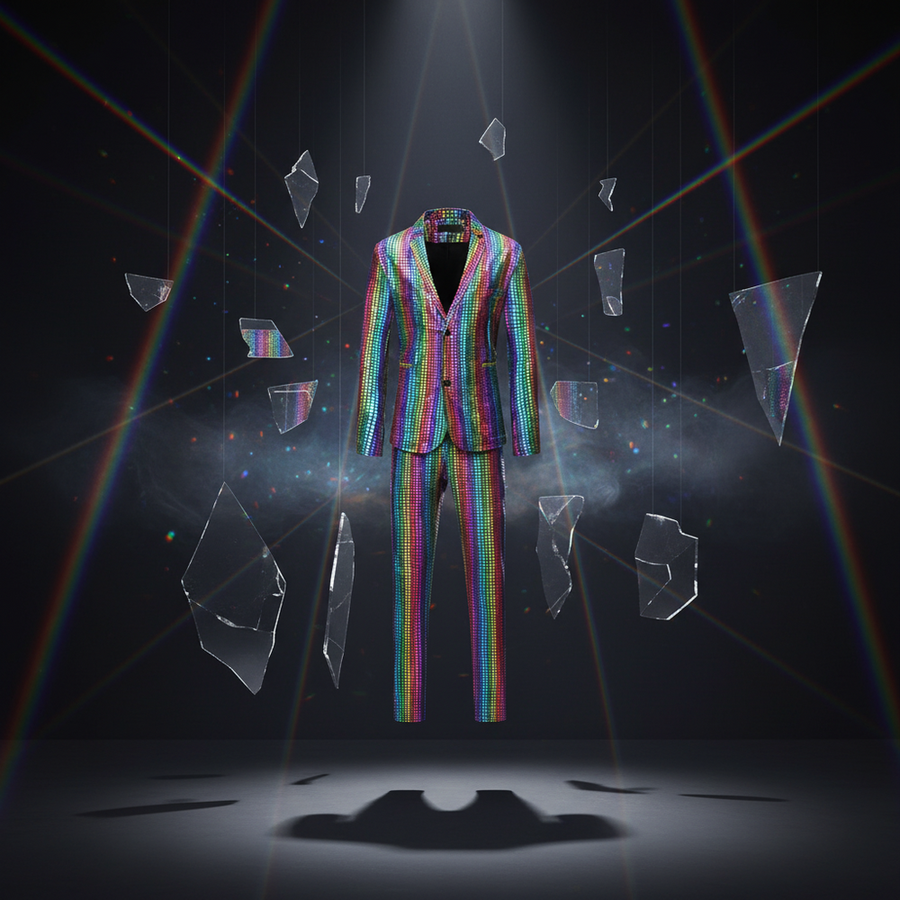 Front view of a floating rainbow-sequined blazer and matching trousers amid suspended glass shards
