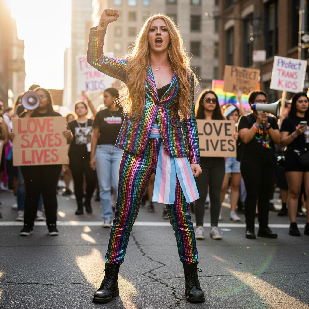 Person in a shimmering rainbow sequin blazer and pants raises a fist at a street protest