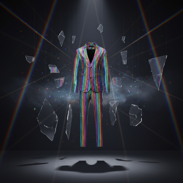 Front view of a floating rainbow-sequined blazer and matching trousers amid suspended glass shards
