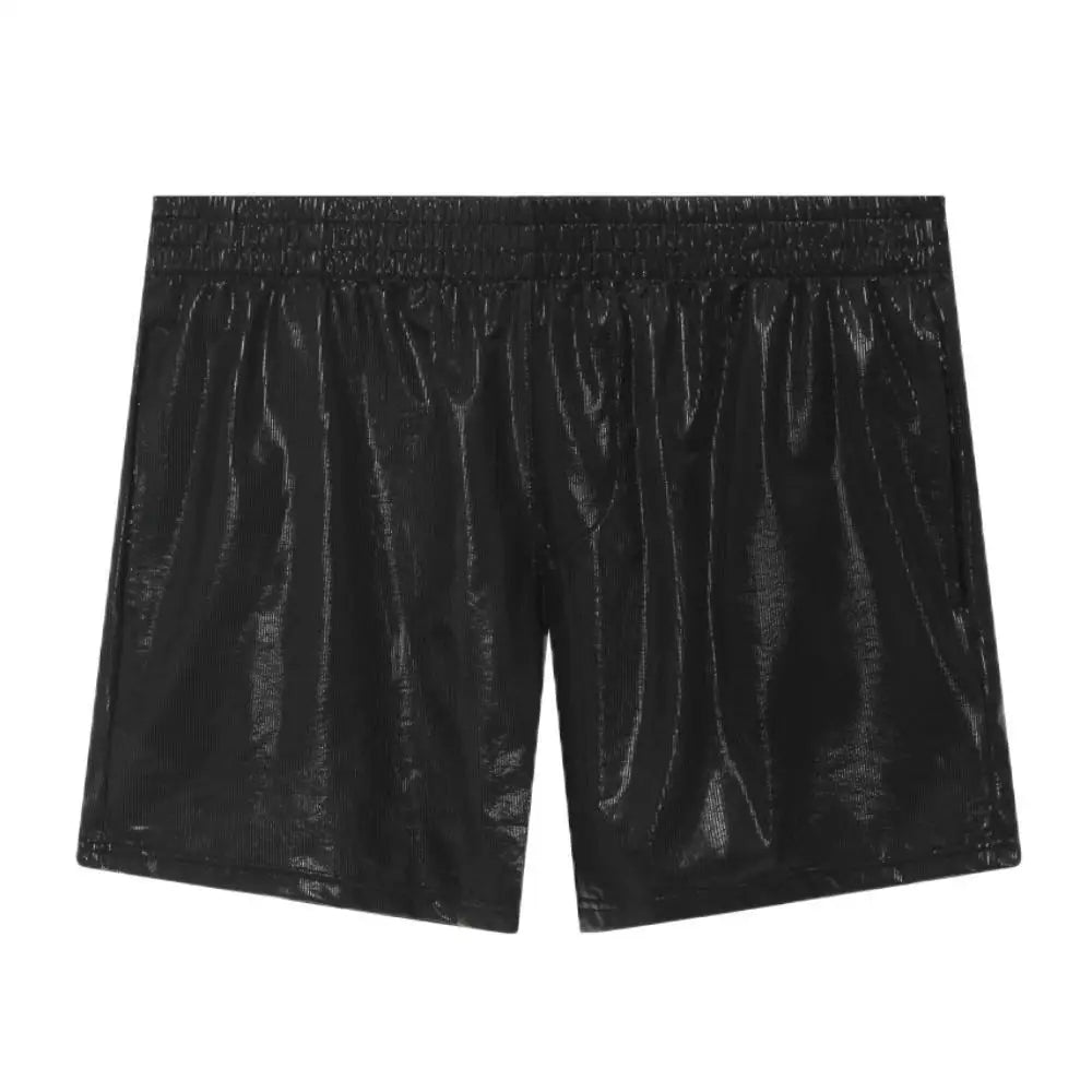 Front view of black metallic shorts with an elastic waistband and side pockets