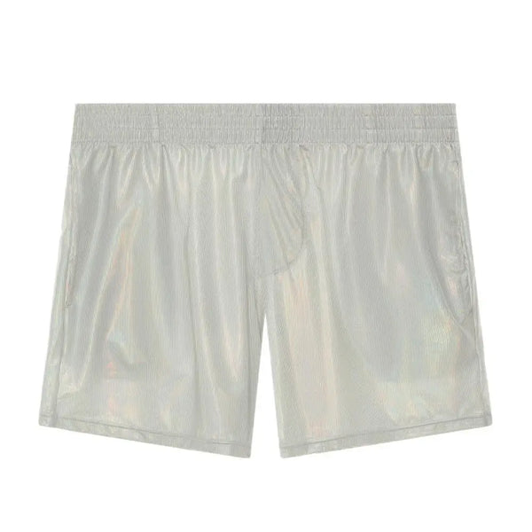 Front view of metallic silver shorts with an elastic waistband and side pockets