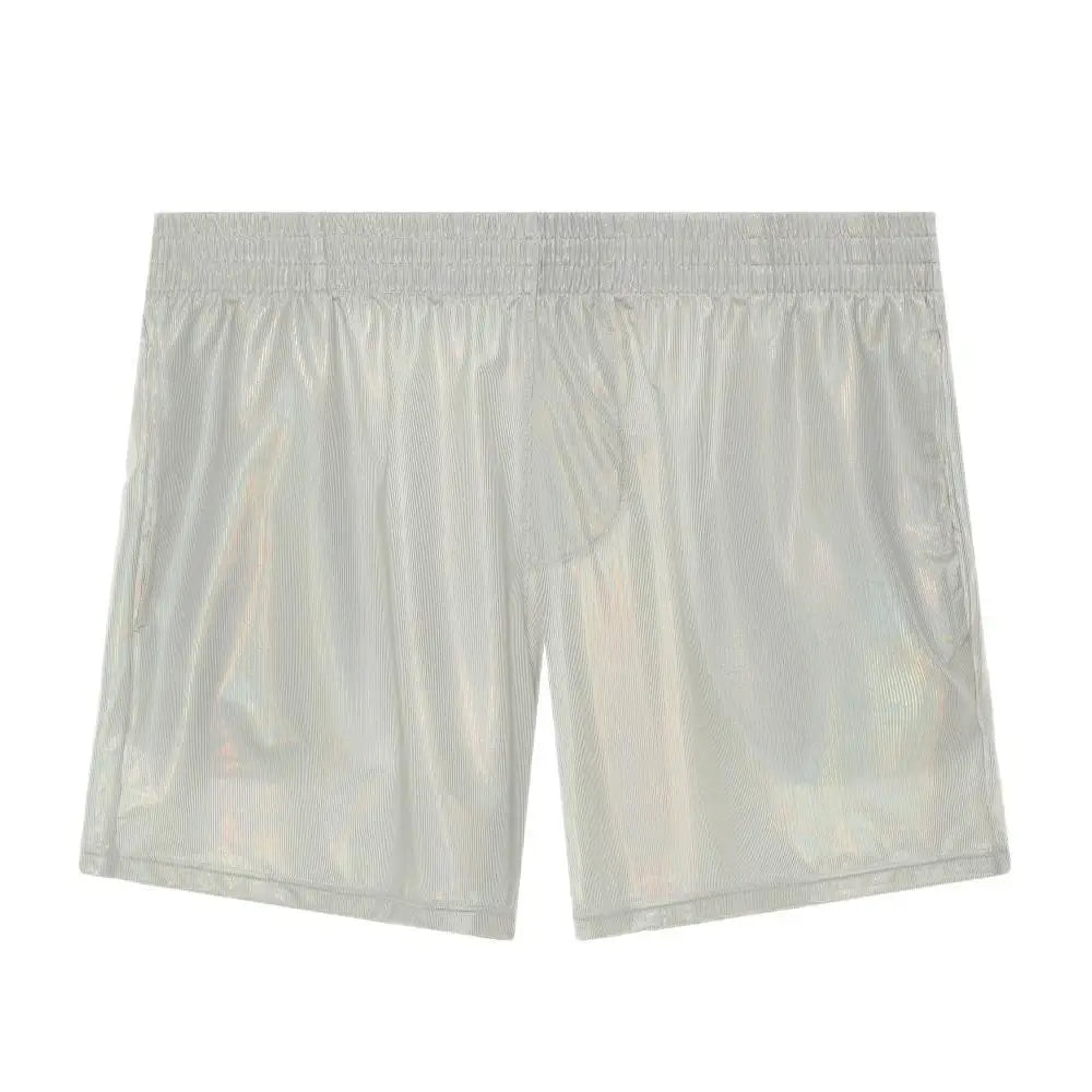 Front view of metallic silver shorts with an elastic waistband and side pockets