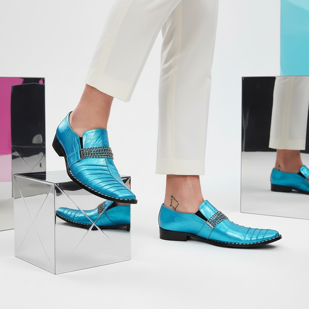 Metallic Visions Dress Shoes—shiny turquoise loafers with rhinestones—worn with white pants