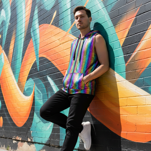 Model wearing a sleeveless rainbow metallic zip-up hoodie vest by a colorful graffiti wall