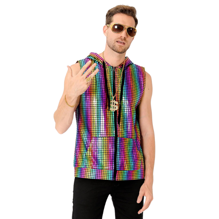 Model wearing a sleeveless rainbow metallic zip-up vest with a hood and front pockets
