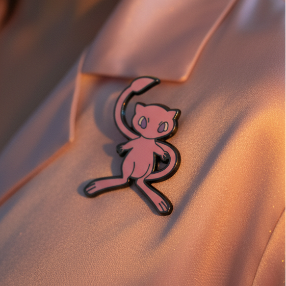 Close-up of a pink Mew Pokémon enamel pin on shimmering pink fabric