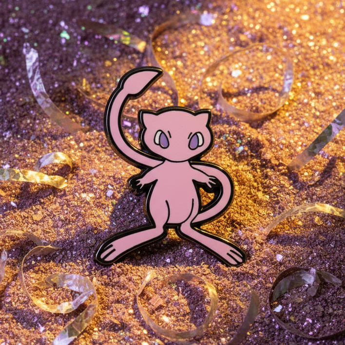 Pink Mew enamel pin displayed on glittery purple and gold fabric
