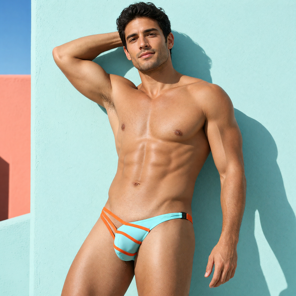 Adult model wearing the turquoise and orange Miami Vice Thong against a sunlit pastel wall