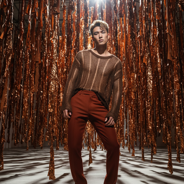 Front-facing model wearing a sheer brown ribbed sweater over rust trousers