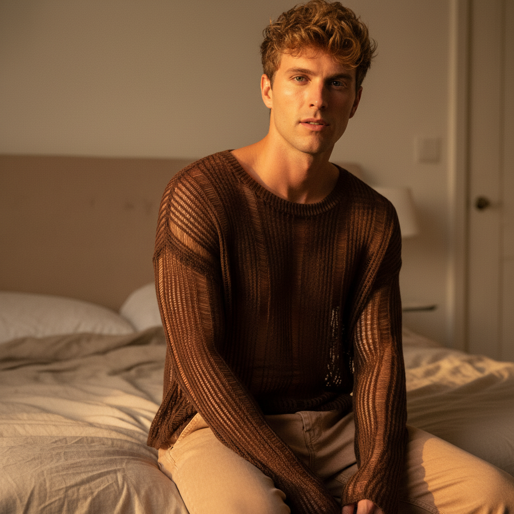 Person seated on a bed wearing a dark brown sheer cutout knit sweater and tan trousers