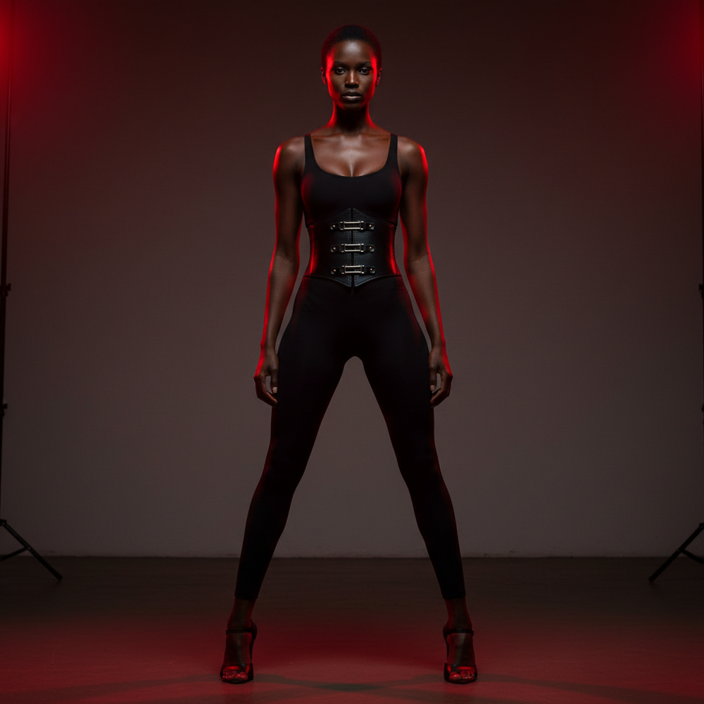 Front-facing model wearing a black corset waist belt over a black outfit in red studio lighting