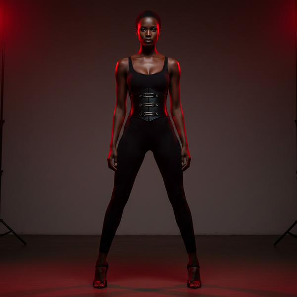 Front-facing model wearing a black corset waist belt over a black outfit in red studio lighting