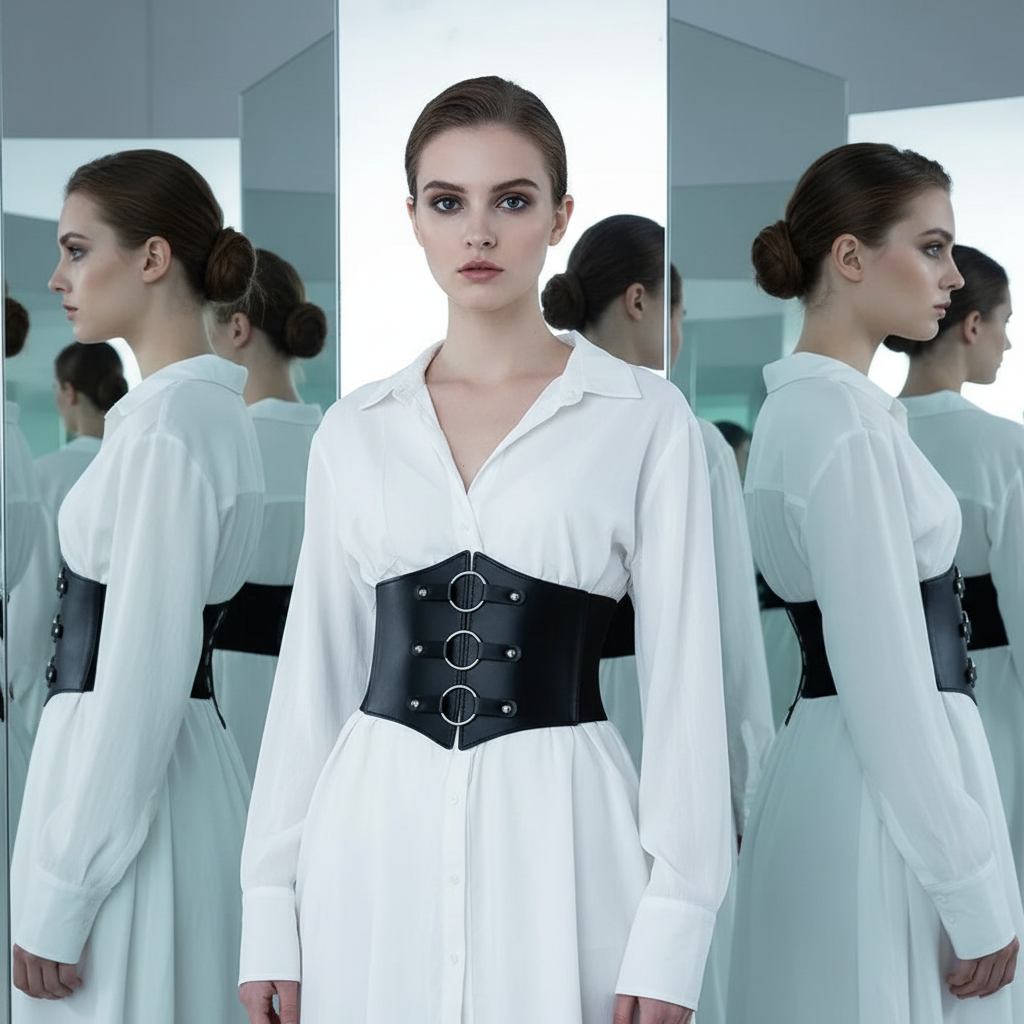 Front-facing model wearing a black corset waist belt over a white shirt, mirrored on both sides