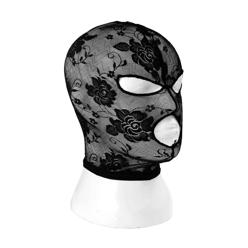 Black floral lace balaclava mask shown in three-quarter view on a white mannequin head