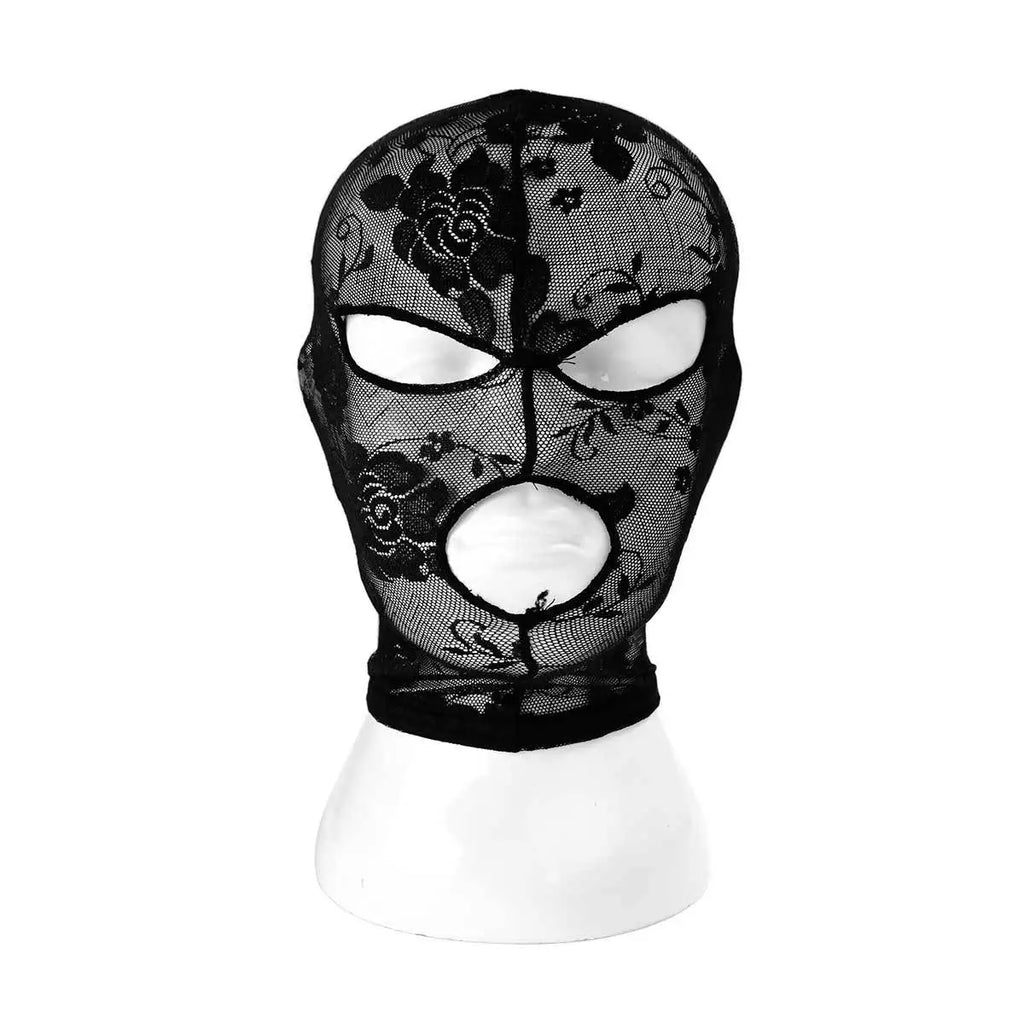 Front view of a black floral lace balaclava with eye and mouth openings on a white mannequin head