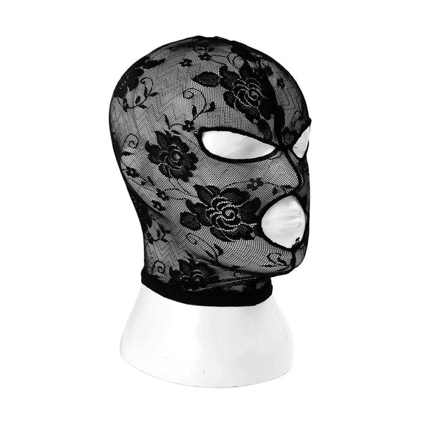 Black floral lace balaclava mask shown in three-quarter view on a white mannequin head