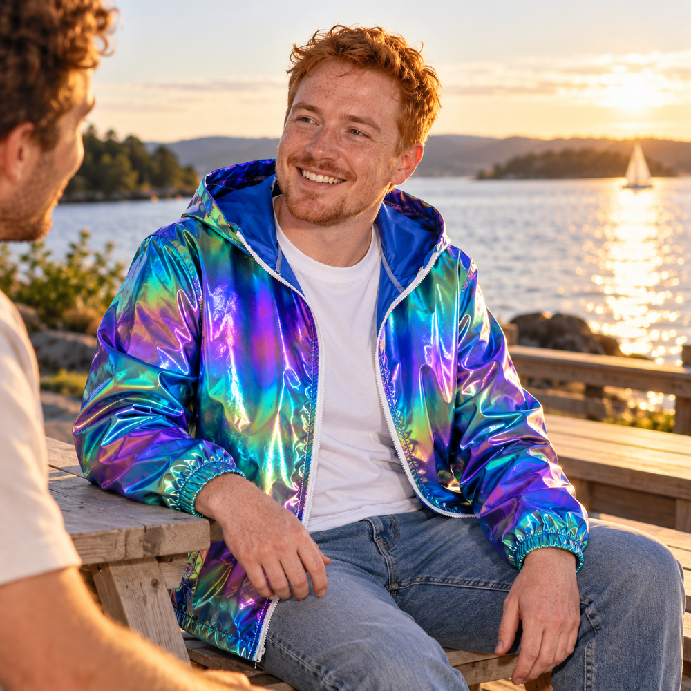 Shimmer Rave Ultra-Thin Holographic Jacket in Blue, photographed for MIDNIGHT SUN.