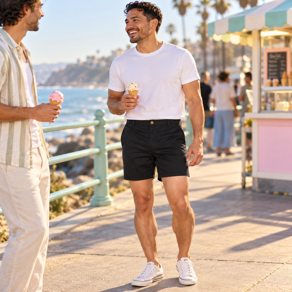 Summer Fling Chino Shorts in Black, photographed for MIDNIGHT SUN.