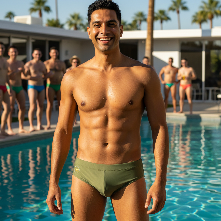 A confident, smiling person in Military Star Swim Briefs poses poolside as people in bold swimwear gather