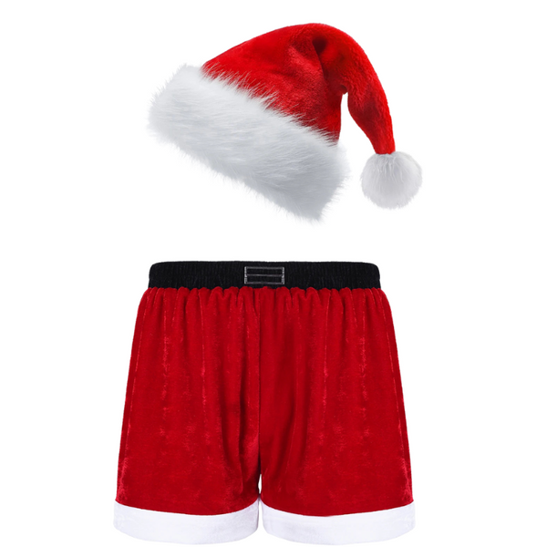 Flat lay of red velour Santa hat and matching shorts with white trim