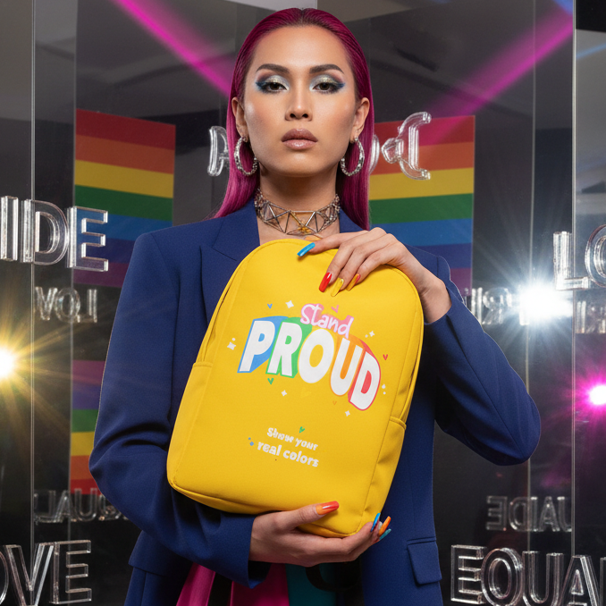 Minimalist Backpack with “Stand PROUD” patch, held by a person with magenta hair amid rainbow flags