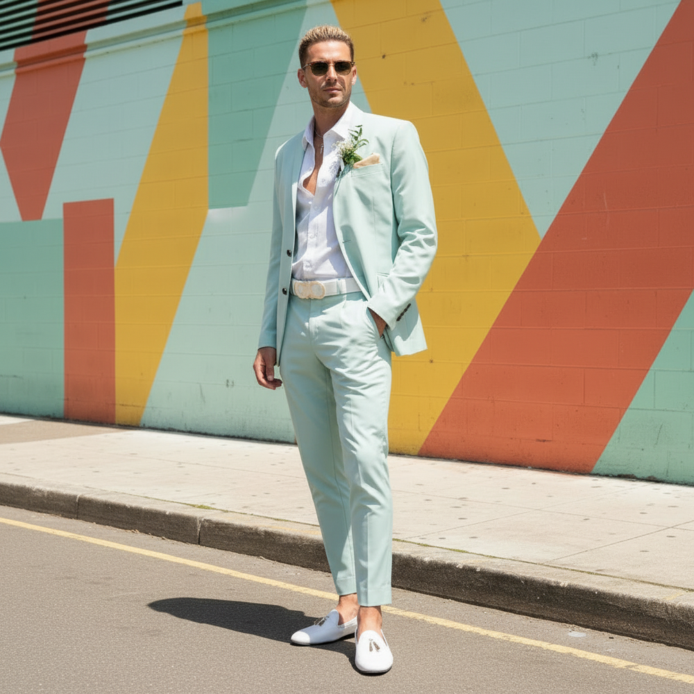 Full-length person in a mint-green suit beside a colorful geometric mural