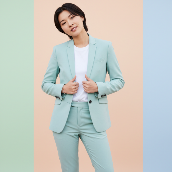 Front-facing model in a mint-green blazer and matching trousers over a white T-shirt