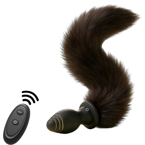 Black vibrating butt plug with a large brown faux-fur fox tail and remote