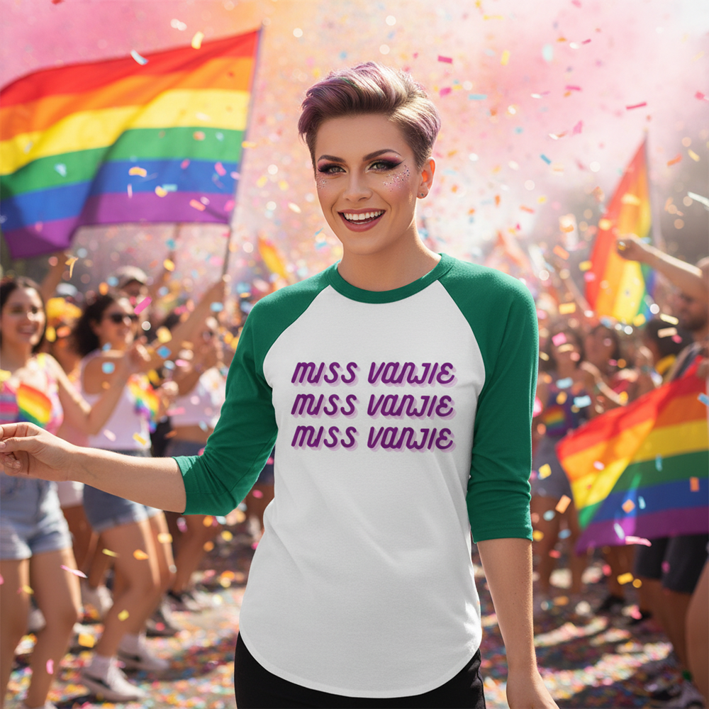 Miss Vanjie 3/4 sleeve raglan shirt on person with short purple hair at a vibrant pride parade