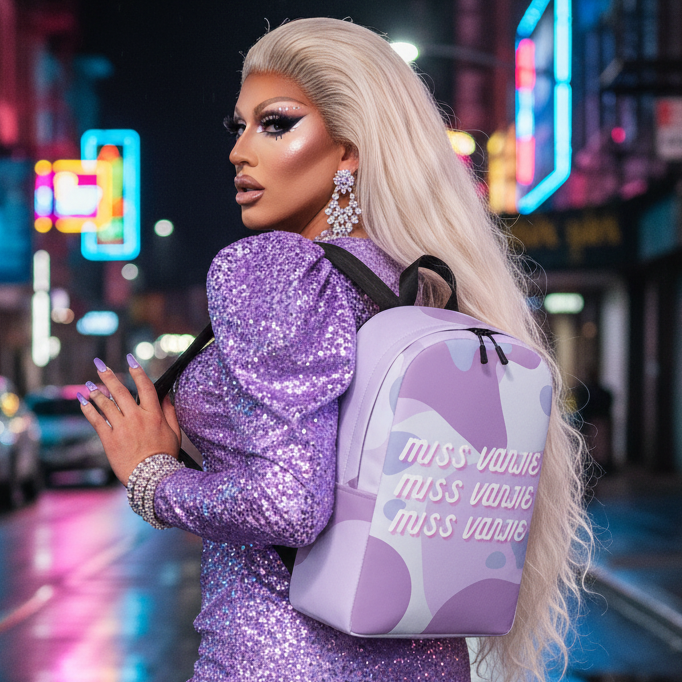 Miss Vanjie Minimalist Backpack in hand, a drag queen