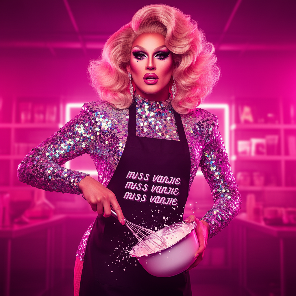 Drag performer in a black Miss Vanjie apron whisking batter in a pink kitchen