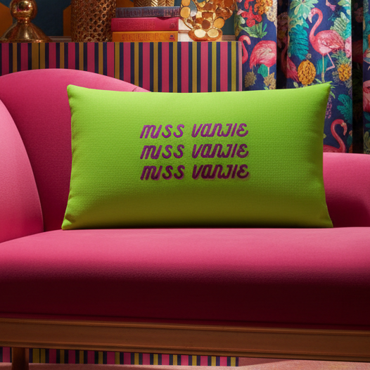 Bright green Miss Vanjie Pillow with bold purple “MISS VANJIE” text on a pink couch