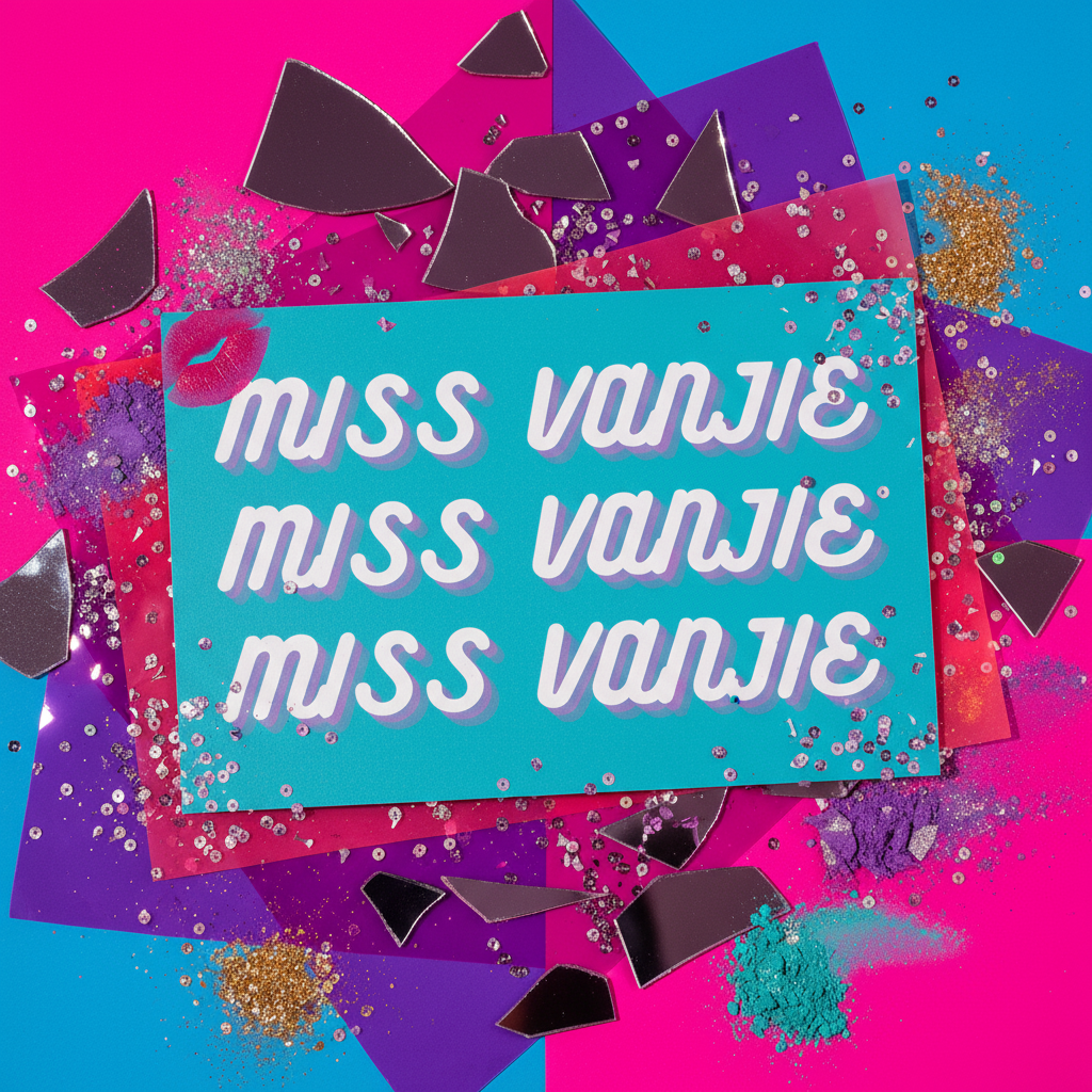 Miss Vanjie Postcard with bold white "MISS VANJIE" on turquoise, lipstick kiss top left, mirror shards, glitter