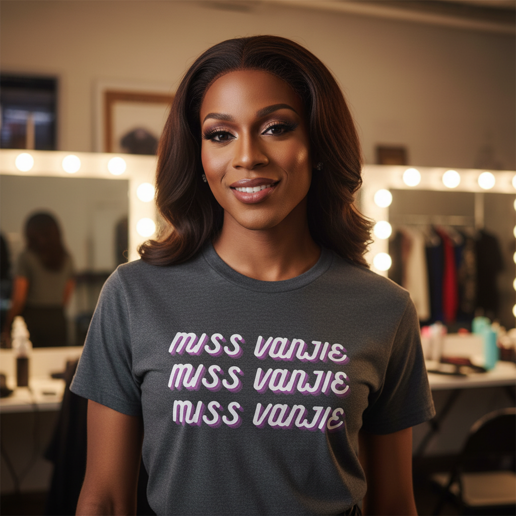 Gray Miss Vanjie T-Shirt with bold "MISS VANJIE" in pink and white, worn by a glam person posing in a lit dressing room