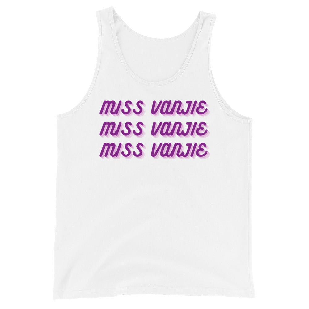 White unisex tank top with "MISS VANJIE" stacked three times in bold purple 3D letters, pink shadow