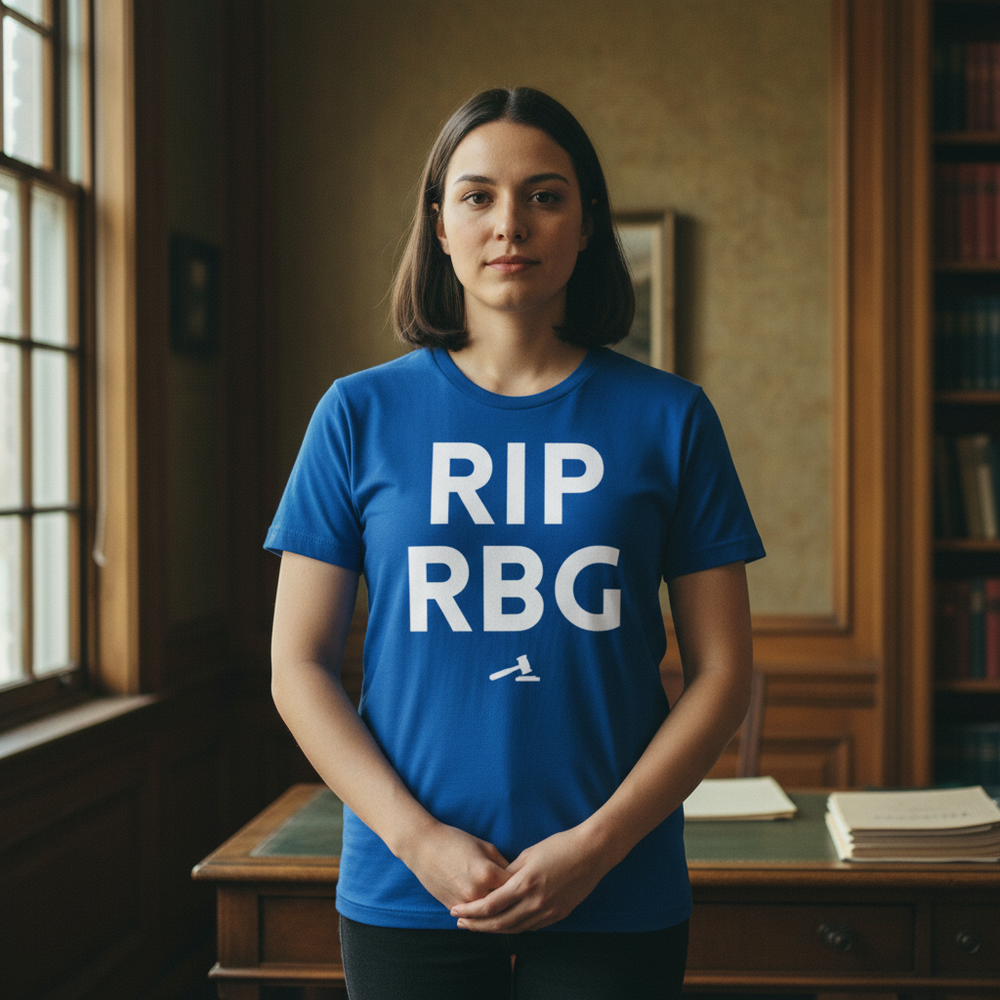 Blue "RIP RBG" T-shirt on a femme-presenting person with straight dark hair, in a wood-paneled office, facing camera neutral.