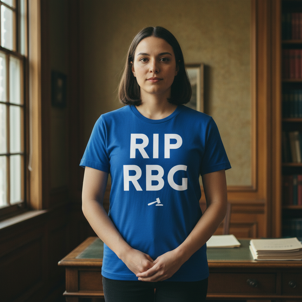 Blue "RIP RBG" T-shirt on a femme-presenting person with straight dark hair, in a wood-paneled office, facing camera neutral.