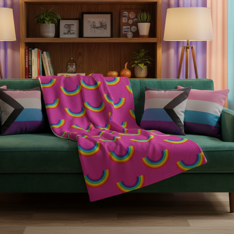 Green sofa with vibrant geometric pillows and a rainbow throw, set before a bookshelf, plants, art, and soft lamp lighting.