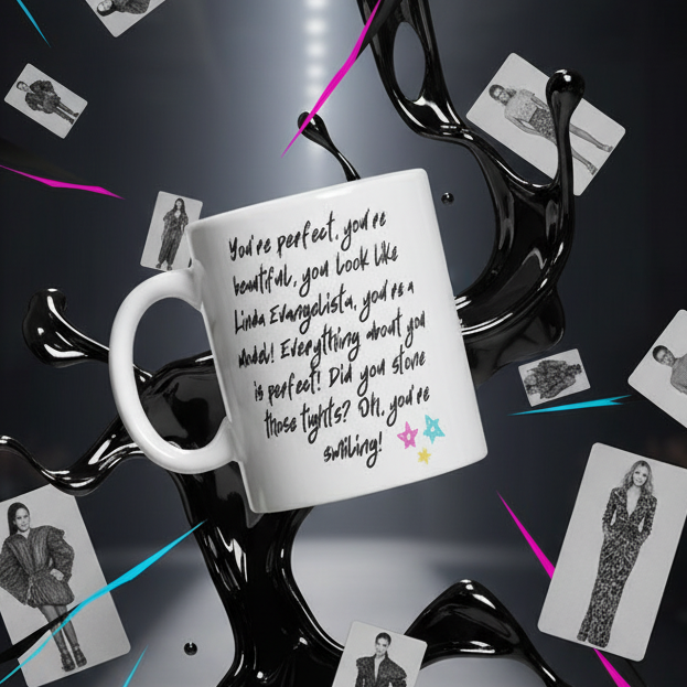 Close-up of a white mug quoting Linda Evangelista, with colorful star graphics