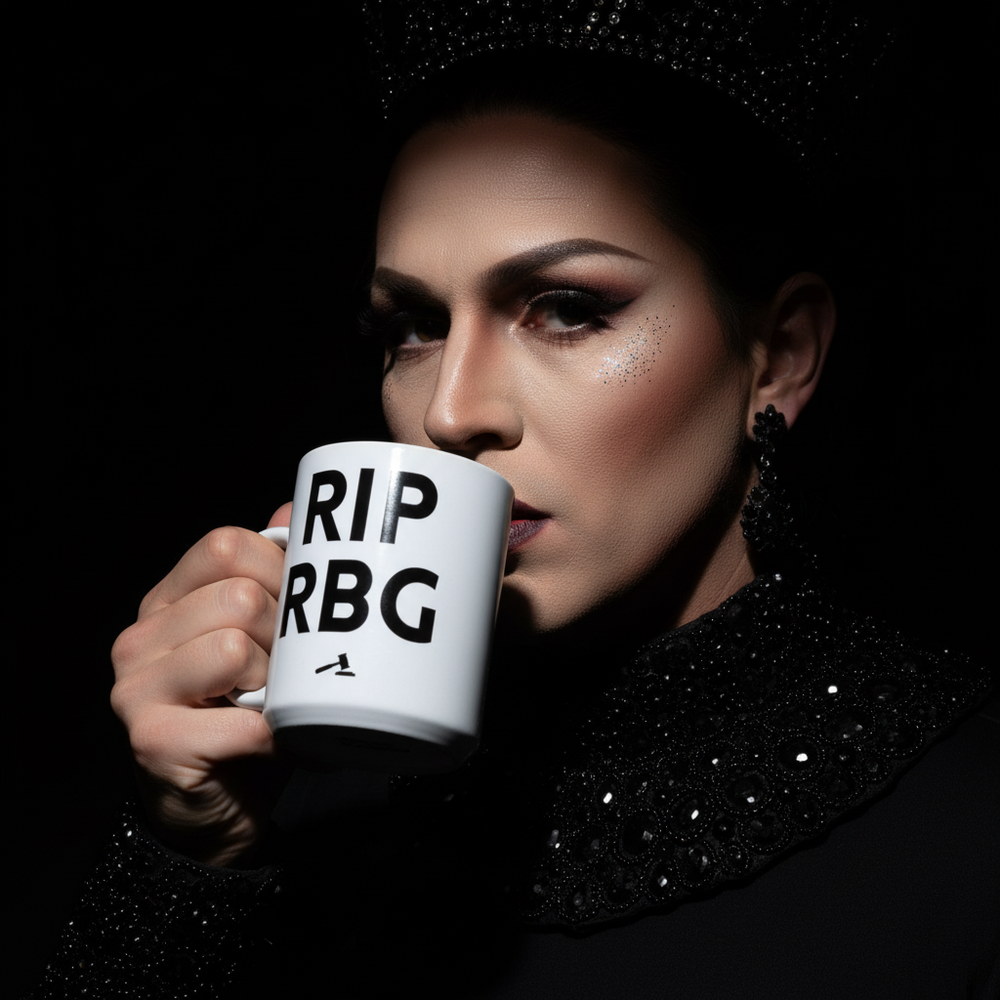 Hand holding a white mug marked “RIP RBG” beside a drag performer in black sequins